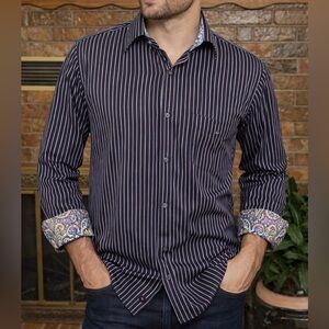 -Bugatchi Uomo Black w/Purple & Grey Button-Down w/Flip Cuffs & Collar L/S Sz XL